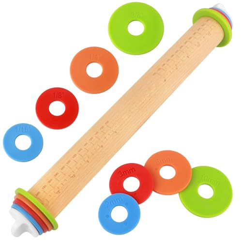 Wood Rolling Pin with Thickness Rings, Adjustable Wooden Rolling Pins for Baking, Dough Roller Pins...