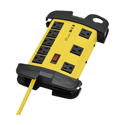 Tripp Lite Eaton TLM815NS Heavy Duty Power Strip, Safety Yellow Metal Housing, 6 Outlets, 15 Foot / 4.5 Meter Cord with Cable Wrap Slots, Keyhole Mounting Slots, Industrial Garage Work Shop Bench