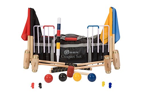 Übergames Hochwertiges ECO-Hartholz Junior Excecutive Krocket Set mit 4 Schlägern aus engl. Esche und 4 Holzbällen, mit Nylontasche