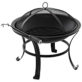 Outsunny Brasero Exterior de Metal Ø56 cm Cuenco de Fuego de Jardín con Tapa Protectora contra Chispas y Atizador para Hogueras Leñas Terraza Camping Fiestas Negro