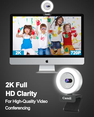 Camii Webcam 2K, webcam para PC com anel de luz HD e capa de privacidade, microfone com cancelamento
