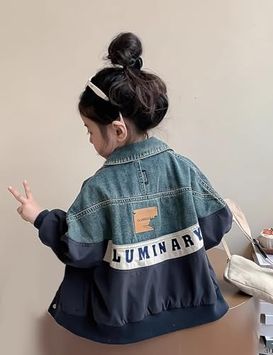 2-10Years Girls Denim Outerwear Jacket Color-blocked Long Sleeve Jacket Loose Jeans Jacket Kids Outfits Spring Fall3