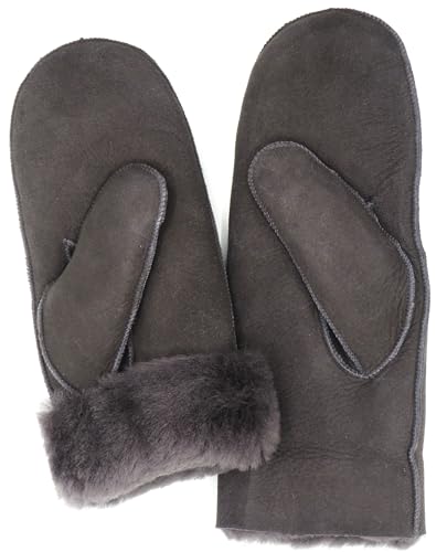 SUPER s6x Lammfell Handschuhe Fäustling Fausthandschuhe Merino Lammfell, Dunkel Grau Damen Größenbeschreibung siehe Produktbeschreibung (M, Grau)