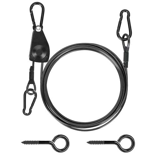 TooTaci 15ft Outdoor Clothesline Kit, 3/16\" Black PVC Coated Wire Rope Heavy Duty Portable Clothes Line Kit with Self-Locking Pulley, Screw Hook & Snap Hook for Camping, Backyard, Balcony, Travel