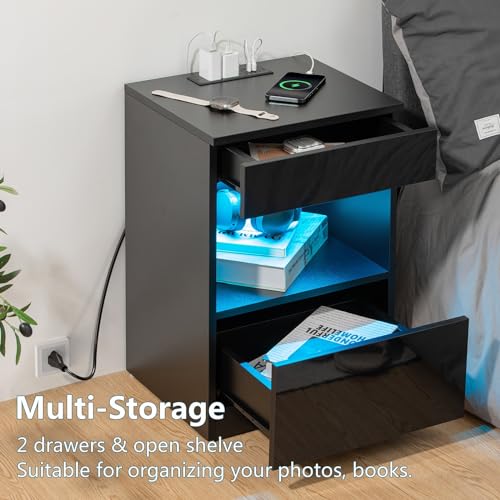 Hommpa NIGHTSTAND 16 BK Set Of 2 Open Shelf Led Nightstands With Charging Station 2 Drawers Bedside Tables Black Night Stands With Storage Smart Nightstands High Gloss Night Table With Led Light For Bedroom Furniture thumb #3