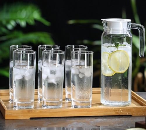 Image of Premium Water and Juice Glasses and Jug Set Combo [6 Piece Glass 350ML & 1 Piece Jug 1 Liter] Transparent Pitcher Set for Dining Table, Home & Restaurant,Party (MTS - 14)