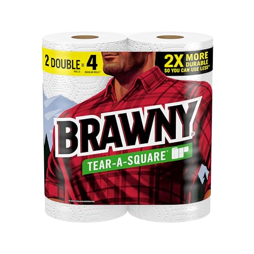 Brawny Tear-A-Square - Toallas de papel, 2 rollos dobles = 4 rollos regulares, 3 tamaños de hoja (cuarto, medio, completo), resistencia para todos los desastres, limpiezas y preparación de comidas