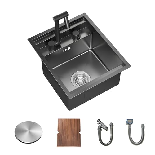 TORVA Black Workstation Undermount Sink for Bar RV Kitchen with Built-in Foldable Faucet – 16 Gauge Stainless Steel, 38 x 45.7 x 23 cm