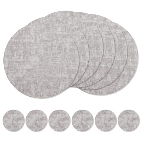 fanquare Grey Placemats and Coaster Set of 6 PU Leather Placemats Round Non-slip Heat Resistant Table Mats for Home Dining Kitchen Restaurant Hotel 34cm