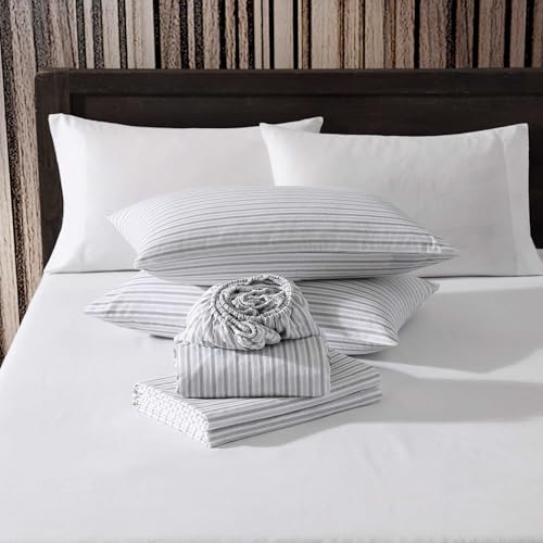 Image of Eddie Bauer - Queen Bed Sheets, Cotton Flannel Bedding Set with Matching Pillowcases, Brushed for Extra Softness, Deep Pocket, Oeko-Tex Certified (Ticking Stripe Grey)
