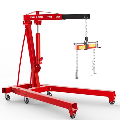 Engine Hoist with Leveler, 5000 LBS Folding Cherry Picker Engine Hoist with with 8 Ton Hydraulic Ram Jack, Heavy Duty Alloy Steel Cherry Picker Shop Crane Engine Lift for Workshop Warehouse, Red