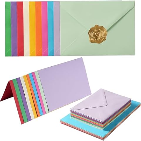 50 Pack A7 Colorful Envelopes with 5x7 Blank Heavy Colored Folded Cardstock and Gold Stickers for Greeting Cards, Wedding, Birthday Party, Baby Showers, Invitations (5x7) Cover