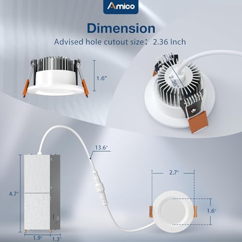 Amico 12 Pack 2 Inch 5CCT Ultra-Thin LED Canless Recessed Ceiling Light with Junction Box, 2700K/3000K/3500K/4000K/5000K Selectable, CRI90+, 6W=40W, 350LM, Dimmable Canless Wafer Downlight-ETL&FCC by Amico - Image 7