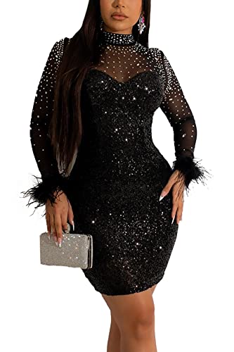 Abky Women Sexy Dress Black Long Sleeve Sparkle Rhinestone Bodycon Mini Birthday Party Club Night Dresses 2Xl Plus Size #TOP2