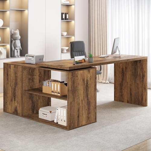 Image of HSH L Shaped Computer Corner Desk with Storage Drawers 55 inch Rustic Brown | Reversible Home Office Corner Desk with 2 Open Side Shelves Modern Wood Executive L Desks for Bedroom,Study Workstation