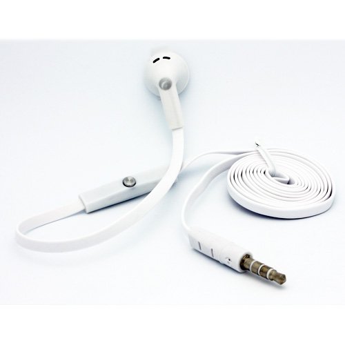 Fonus Brand Flat Cable Mono Handsfree Single Earphone Earbud Headset White for IPhone 6, 6 Plus, 5S, 5C, 5, 4 S, 4, Samsung Galaxy S5, S4, S 3, Galaxy Note 4, Galaxy Note 3, Galaxy Note 2, HTC ONE M8, LG G Flex