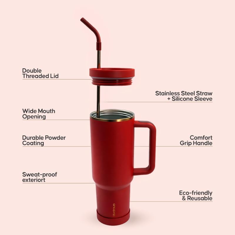 40oz Travel Tumbler Cup with Handle, Two-Way Slider Lid, Stainless Steel Straw with Silicone Tip, Vacuum Insulated Water Bottle for Hot & Cold Drinks, Great Gifts for Mom (Red Gold) - Image 7
