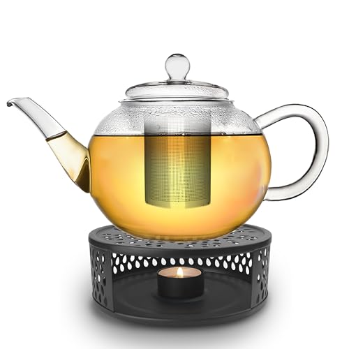 Creano Teekanne aus Glas 1,6l + EIN schwarzer Stövchen aus Edelstahl - Glasteekanne mit Edelstahl-Filter und Deckel - ideal zur Zubereitung von losen Tees - 100% tropffrei