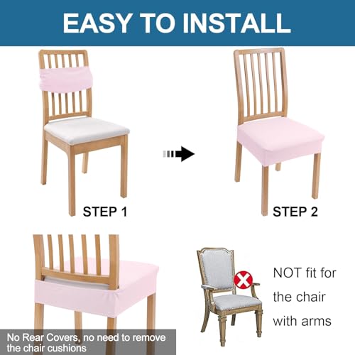 Image of Smiry Waterproof Seat Covers for Dining Room Chairs, No Rear Covers | Stretch Jacquard Removable Washable Chair Seat Slipcovers Protector, Set of 6, Pink