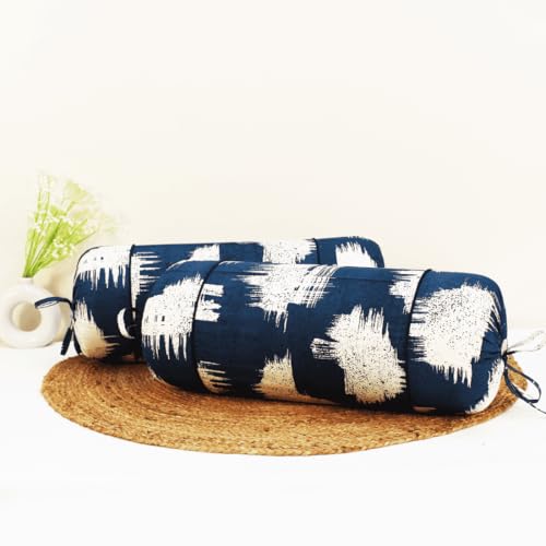 Image of AURAVE Cotton Printed Bolster Cover with Drawstring Closure, Set of 2, Soft Breathable Durable Machine Washable for Sofa Bed & Home Decor, 15 inchx30 inch, Blue | Cover Only