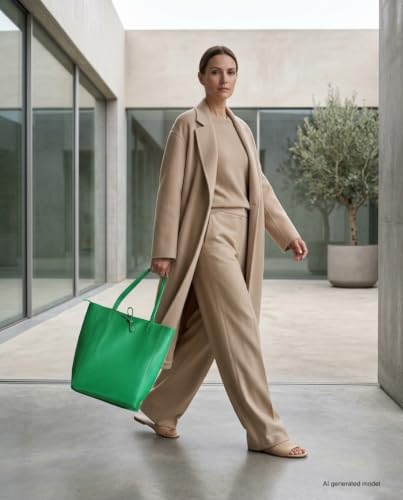 Image of Genuine Italian Leather Tote Bag for Women, Large Slouchy Purse, Green | Unstructured bag, raw unlined interior with zip pocket, top zipper, side ties, folds flat, fits a 16-inch laptop, lightweight