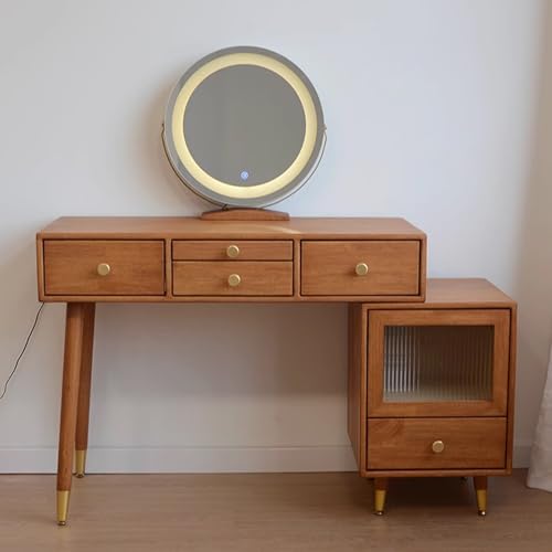Escritorio de madera con espejo iluminado y 3-4 cajones espaciosos, tocador con armario combinable, adecuado para apartamentos de dormitorio (sin taburete) (115 x 78 x 40 cm)