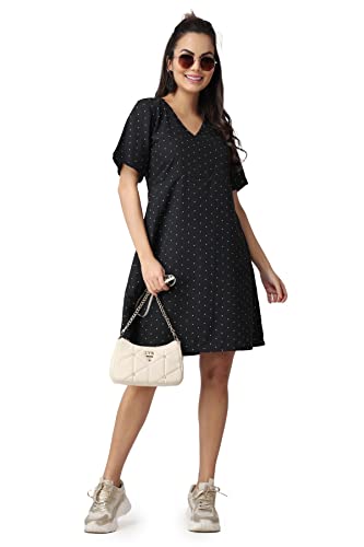 Image of POPWINGS Casual Printed V-Neck Short Sleeves Knee-Length Fit and Flare Dress for Women || Frokc-Style Summer Wear Dresses for Women || Loose-Fit Comfortable Women Dress for Regular Wear