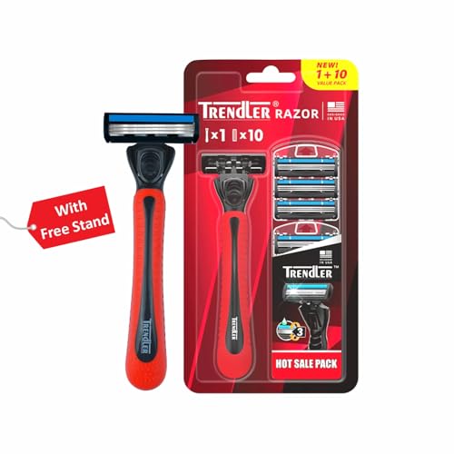 Image of 3 Blade Red Razor for Men with Free Stand - Smooth Shaving Razor, Anti-Slip Handle, 1 Handle + 3 Blade Cartridges.