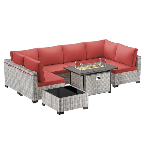 Image of Outdoor PE Wicker Rattan Modular Patio Sectional Sofa Set | 8-Piece: 6 Modular Seats, Coffee Table & 55,000 BTU Fire Pit Table, Red