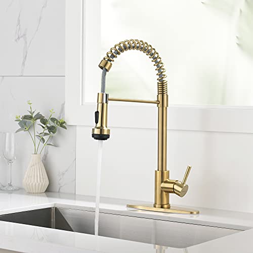 Rainovo Kitchen Faucet With 4 Mode Pull Down Sprayer Brushed Gold, Spring Kitchen Sink Faucet Stainless Steel With Deck Plate, Single Handle Faucets High Arc Modern With Pull Out Sprayer #TOP1