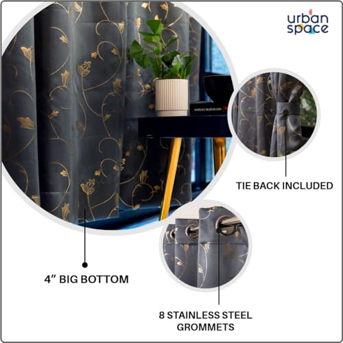 Image of Urban Space 80-85% True Blackout Curtains for Window, Gold Foil Printed Blackout Curtains, Decorative Window Curtain Eyelet with Tieback, 1 Piece Curtain for Living Room(Floral Vine Grey, 5 Feet)