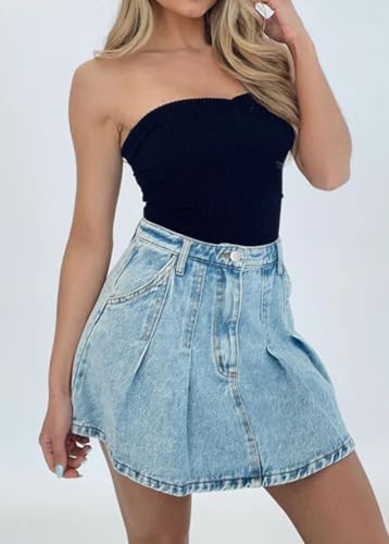 CHARTOU Women Denim Mini Skirt Y2k Preppy Style Pleated A Line Short Jean Skirt3