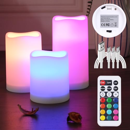 Image of Remote Control Rechargeable Flameless LED Candle Light, Outdoor /Indoor Color Changing Plastic Candle, 3 Pack