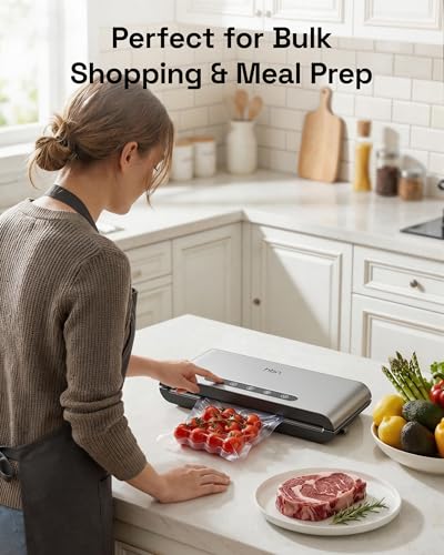 Image of HBN Food Vacuum Sealer Machine, 70kPa Automatic Sealer for Dry & Moist Food, Hands-Free Lid, Stainless Steel, External Cutter & Bag Storage, Includes 1 Roll & 20 Bags