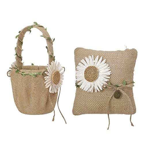 HLTER Hochzeits-Blumenmädchenkorb und Ringträgerkissen, Set mit 2 Stück, Sackleinen, Hochzeitsringhalter mit schöner Spitze und Blumendekoration für Hochzeit Cover