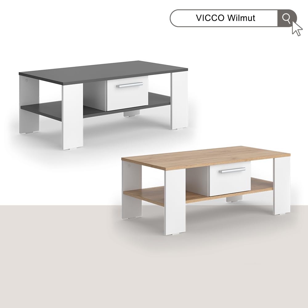 Vicco Couchtisch Wilmut, Anthrazit/Weiß, 89.8 x 46.4 cm | mit Schublade, Ablagefläche für Zeitschriften und Fernbedienungen