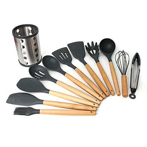 Set De Utensilios De Cocina Utensilios de cocina de silicona Juego de utensilios de cocina Mangos de madera for utensilios de cocina antiadherentes Incluye pinzas Cuchara batidora y más 11 piezas Uten