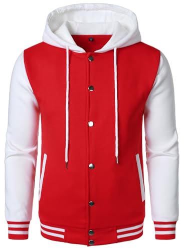 HOOD CREW Hooded Varsity Bomber Jacket Cotton Blend Letterman Hoodie Baseball Jackets for Men Red M