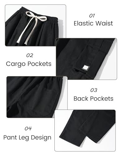 SEAUR Boy's Cotton Cargo Pants Casual Drawstring Elastic Waist Sweatpants Wide Leg Workout Trousers with Pockets 7-16 Years4