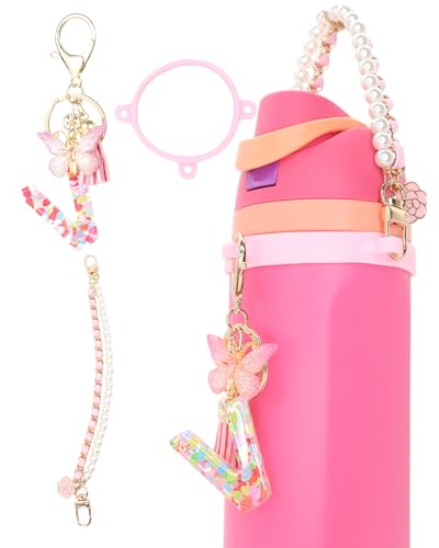 TOVICE Letter Accessories for Owala Water Bottle 24-40oz, 3PC Cute Initial Keychain & Water Bottle Handle Strap with a Thick Elastic Silicone Ring Holder