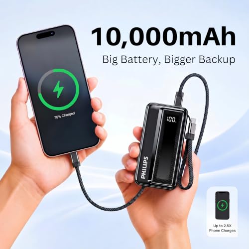 Image of Philips 10000mAh 30W Max Fast Charging Power Bank (Dark Slate) with Built-in Cable | Type-C Input /Output | 3 Output Ports | Lithium Polymer | Portable for Mobile, Tablet & Earbuds
