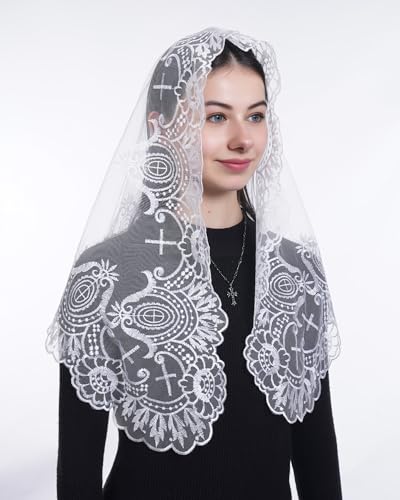 Bozidol Mantilla Triangular Embroidered Virgin Mary Flower Veil for Women, Church Mass, Religious Ceremony White