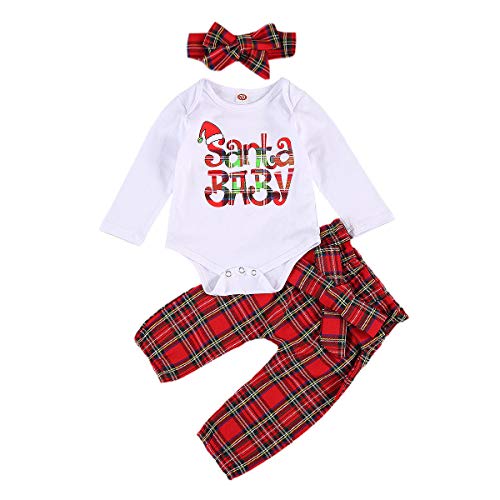 Newborn Toddler Baby Girl Christmas 3Pcs Clothes Set, Santa Baby Romper Bodysuit Plaid Pants Headband Xmas Outfit