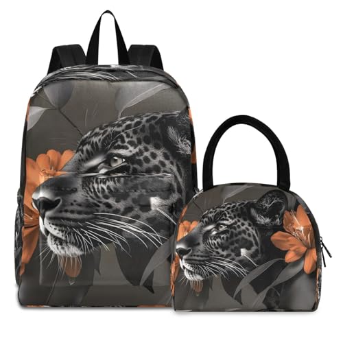 Backpack Lunch Bag Set Floral Leopard Print, Big Storage Travel Backpacks with Insulated Lunch Box for Office Hiking Picnic