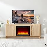 Sylphorium Fireplace TV Stand, Fluted TV Stand with Storage and Sliding Door, Farmhouse Entertainment Center Media Console Table for Living Room (Natural)