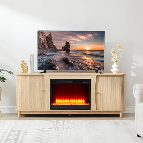 Image of Fireplace TV Stand, Fluted TV Stand with Storage and Sliding Door, Farmhouse Entertainment Center Media Console Table for Living Room (Natural)