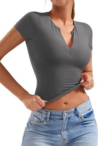 YEOREO Women Basic Adjustable Zip Up Short Sleeve T-Shirt Workout Crop Top Double Lined Tank Slim Fitted Ruched Going Out Top