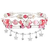 Besydec Hot Pink & Silver Beaded Bracelet Set with Butterfly Charms Adjustable Stackable Jewelry for Women, Birthdays & Everyday Glam
