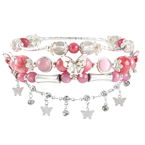 Besydec Hot Pink & Silver Beaded Bracelet Set with Butterfly Charms Adjustable Stackable Jewelry for Women, Birthdays & Everyday Glam