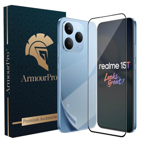 Image of ArmourPro Tempered Glass for Realme 15T with Back Clear Membrane Guard, Edge to Edge Screen Protector, Anti-Bubble, Anti-Fingerprint, Oil Resistant, Installation Kit | Black